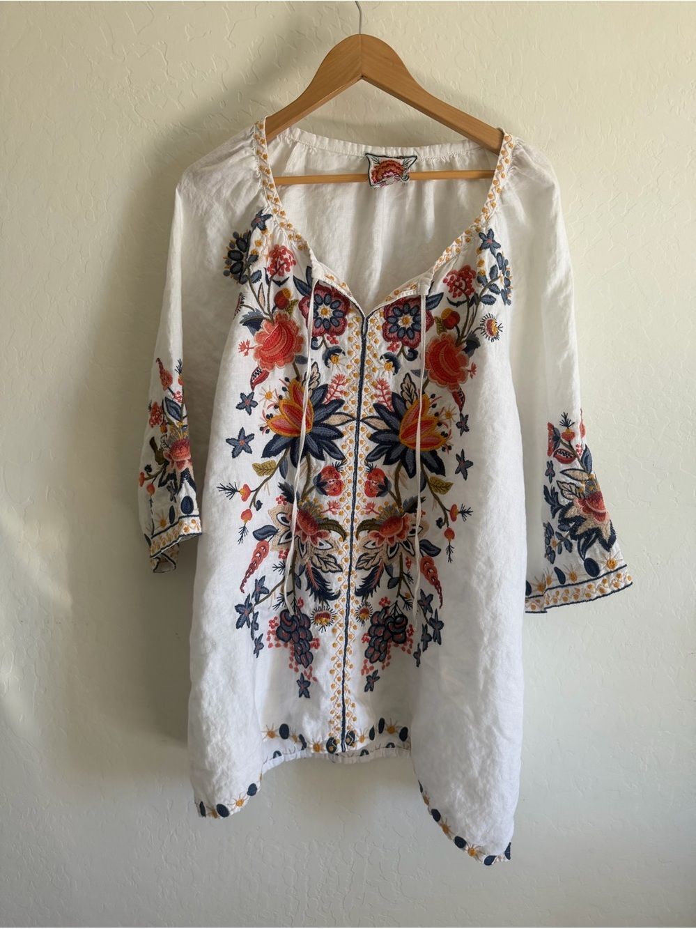 Johnny Was Boho Embroidered Linen Peasant Tunic Blouse